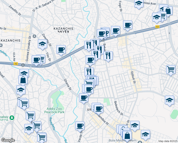 map of restaurants, bars, coffee shops, grocery stores, and more near Mike Leyland St in Addis Ababa