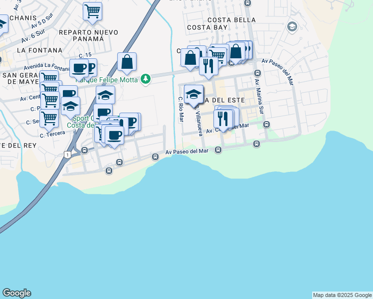 map of restaurants, bars, coffee shops, grocery stores, and more near Avenida Paseo del Mar in Panamá