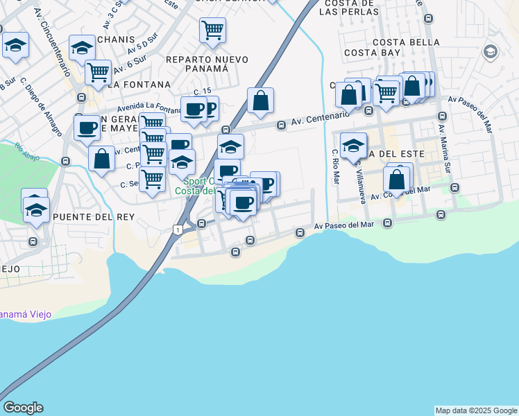 map of restaurants, bars, coffee shops, grocery stores, and more near Avenida de la Rotonda in Panamá