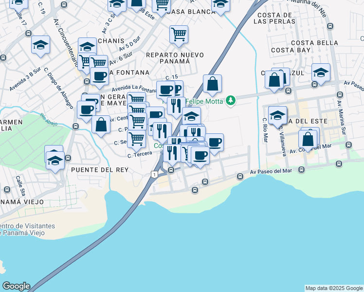 map of restaurants, bars, coffee shops, grocery stores, and more near Boulevard Costa del Este in Panamá