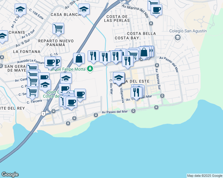 map of restaurants, bars, coffee shops, grocery stores, and more near Calle Río Mar in Panamá