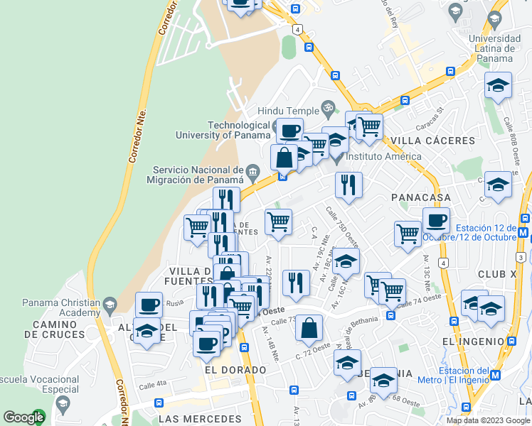 map of restaurants, bars, coffee shops, grocery stores, and more near Avenida 22D Norte in Panama