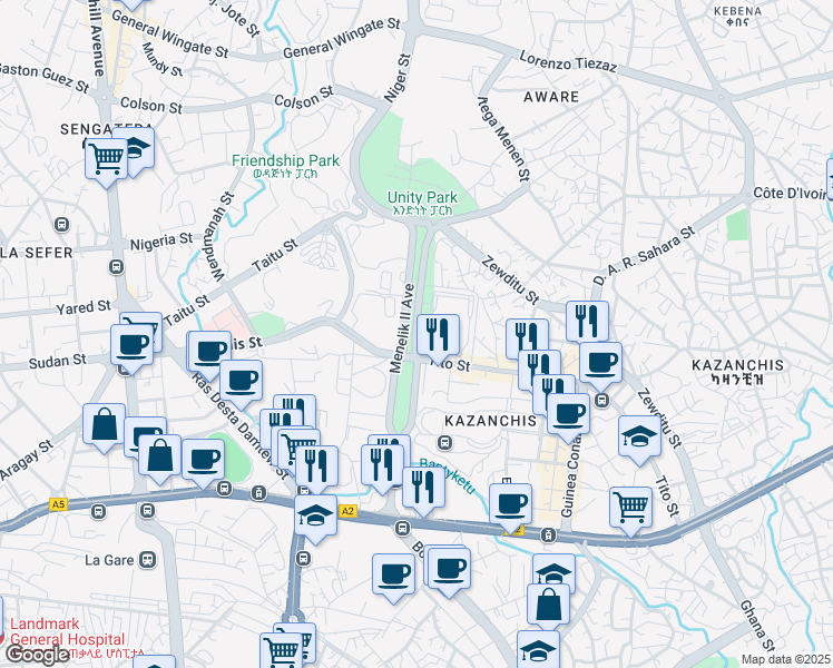 map of restaurants, bars, coffee shops, grocery stores, and more near Menelik II Avenue in Addis Ababa