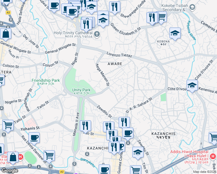 map of restaurants, bars, coffee shops, grocery stores, and more near Itega Menen St in Addis Ababa