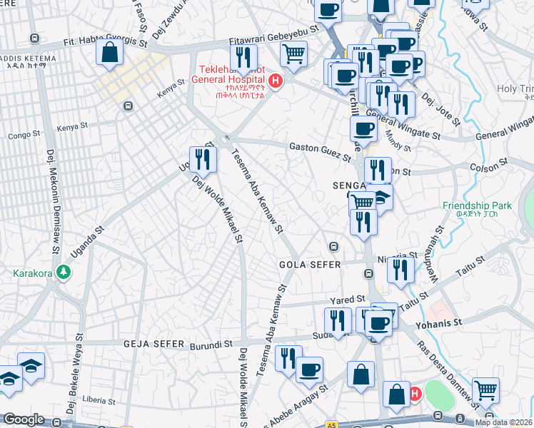 map of restaurants, bars, coffee shops, grocery stores, and more near Tesema Aba Kemaw Street in Addis Ababa