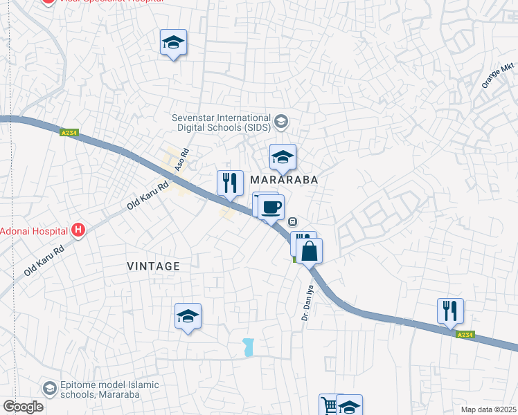 map of restaurants, bars, coffee shops, grocery stores, and more near Abuja-Keffi Road in Karu