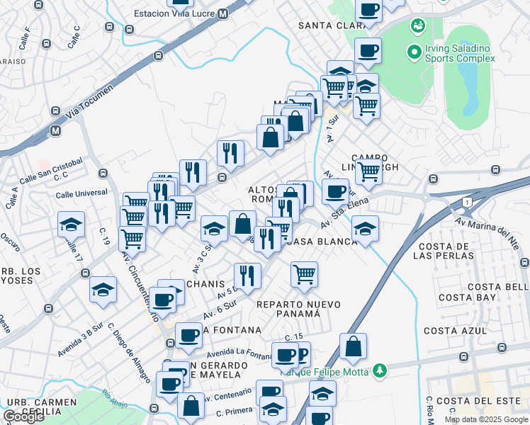 map of restaurants, bars, coffee shops, grocery stores, and more near in Panama City