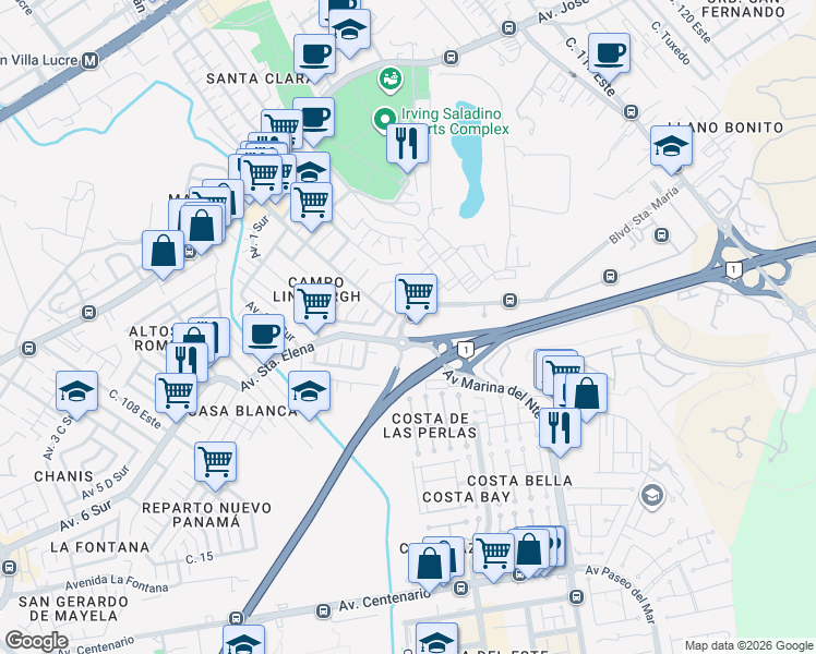 map of restaurants, bars, coffee shops, grocery stores, and more near Santa Maria Business District in Panamá