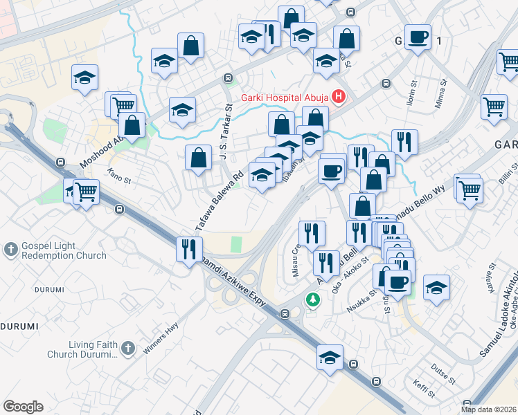 map of restaurants, bars, coffee shops, grocery stores, and more near New Bussa CL. in Abuja