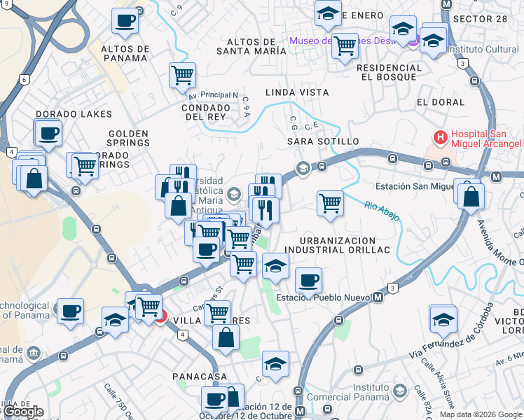 map of restaurants, bars, coffee shops, grocery stores, and more near Avenida Ricardo J. Alfaro in Panamá