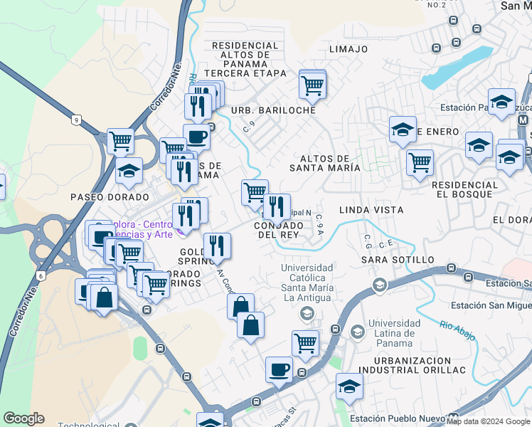 map of restaurants, bars, coffee shops, grocery stores, and more near Avenida Principal N in Panamá