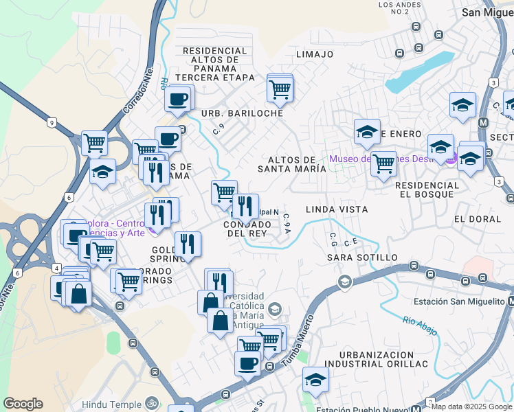 map of restaurants, bars, coffee shops, grocery stores, and more near 111 Calle 7 D in San Miguelito