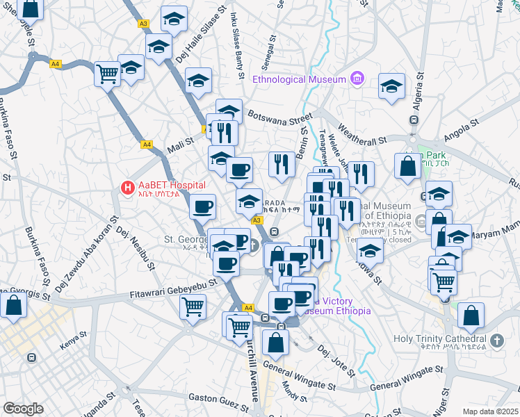 map of restaurants, bars, coffee shops, grocery stores, and more near Sylvia Pankhurst Street in Addis Ababa