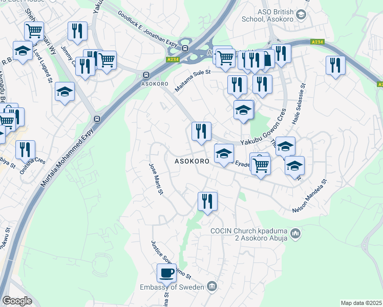 map of restaurants, bars, coffee shops, grocery stores, and more near Samora Machel Street in Abuja