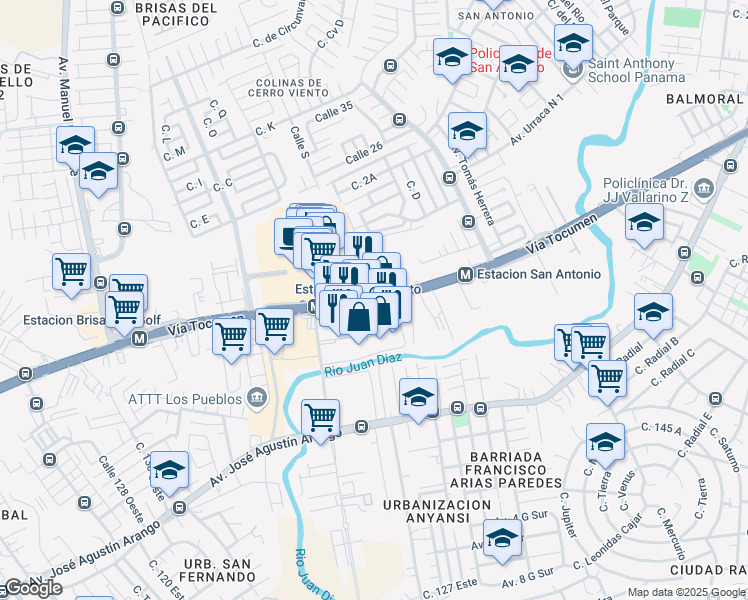 map of restaurants, bars, coffee shops, grocery stores, and more near Avenida Domingo Díaz in Panama