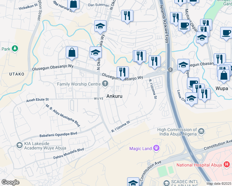 map of restaurants, bars, coffee shops, grocery stores, and more near 697 Idris Gidado Street in Abuja