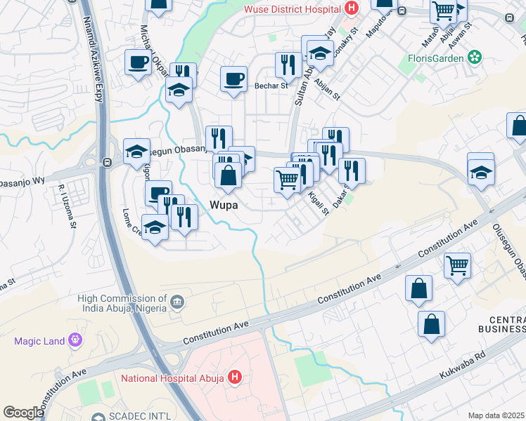 map of restaurants, bars, coffee shops, grocery stores, and more near Nouakchott Street in Abuja