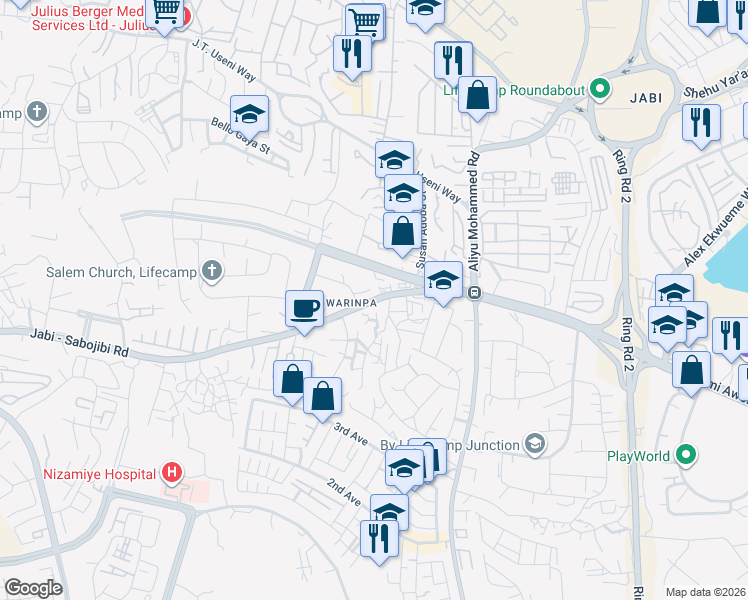 map of restaurants, bars, coffee shops, grocery stores, and more near Jabi-Sabojibi Road in Abuja
