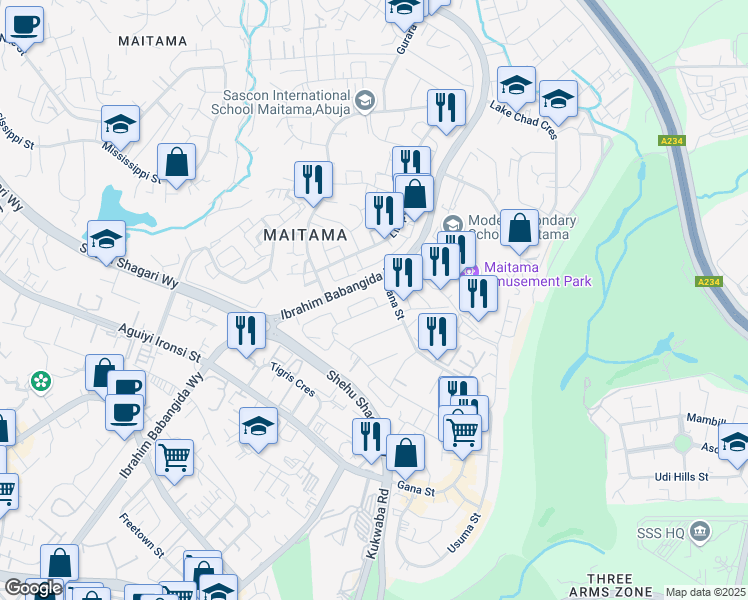 map of restaurants, bars, coffee shops, grocery stores, and more near 697 Idris Gidado Street in Abuja