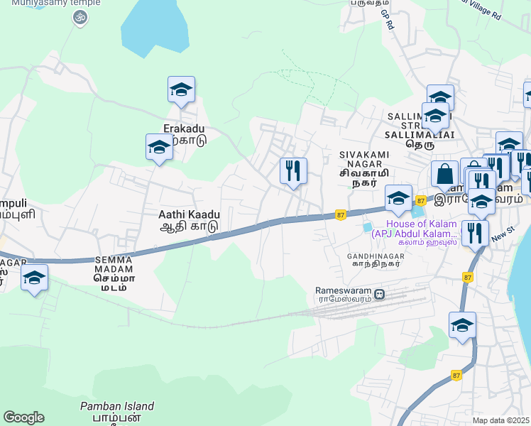 map of restaurants, bars, coffee shops, grocery stores, and more near Kochi - Madurai - Dhanushkodi Road in Ramanathapuram