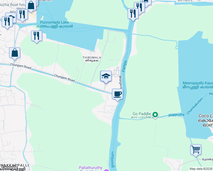 map of restaurants, bars, coffee shops, grocery stores, and more near Chungam Road in Alappuzha