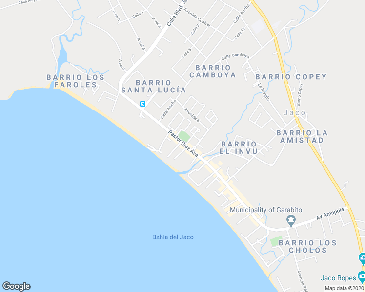 map of restaurants, bars, coffee shops, grocery stores, and more near Pastor Diaz Avenue in Jaco