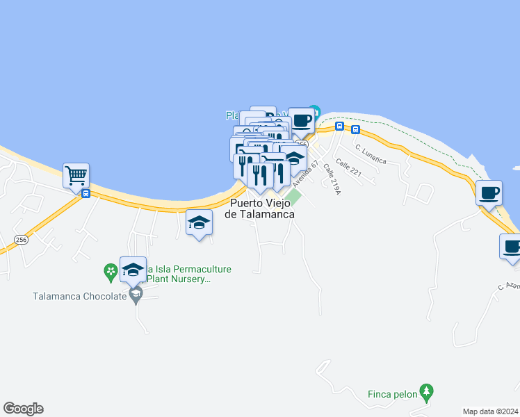 map of restaurants, bars, coffee shops, grocery stores, and more near in Puerto Viejo de Talamanca