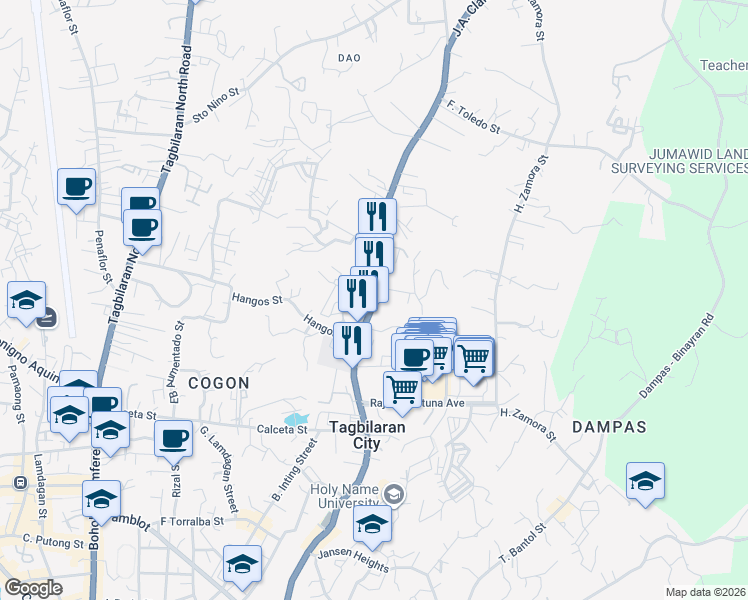 map of restaurants, bars, coffee shops, grocery stores, and more near J.A. Clarin Street in Tagbilaran City