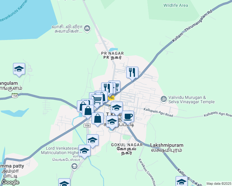 map of restaurants, bars, coffee shops, grocery stores, and more near Seva Hospital Road in T.Kallupatti