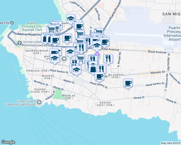 map of restaurants, bars, coffee shops, grocery stores, and more near 160 Manalo Street in Puerto Princesa City