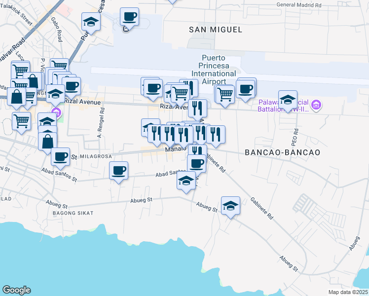 map of restaurants, bars, coffee shops, grocery stores, and more near 147 Manalo Street in Puerto Princesa City
