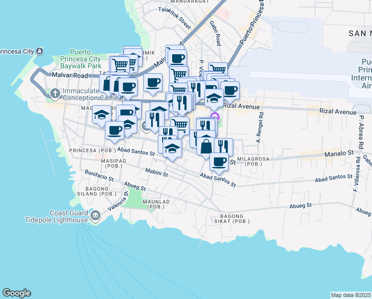 map of restaurants, bars, coffee shops, grocery stores, and more near 137 Manalo Street in Puerto Princesa City