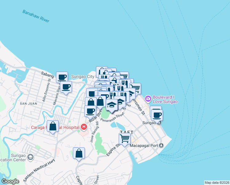 map of restaurants, bars, coffee shops, grocery stores, and more near Magallanes Street in Surigao City