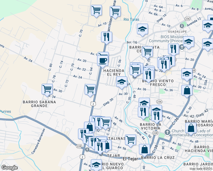 map of restaurants, bars, coffee shops, grocery stores, and more near Calle 58 in Cartago