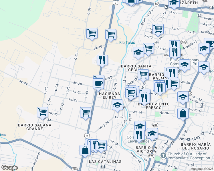 map of restaurants, bars, coffee shops, grocery stores, and more near Calle 58 in Cartago