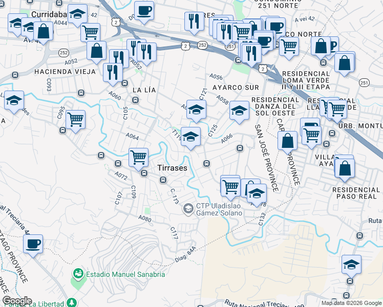 map of restaurants, bars, coffee shops, grocery stores, and more near D066 in Tirrases