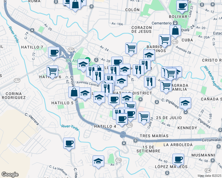 map of restaurants, bars, coffee shops, grocery stores, and more near Calle Costa Rica in San José