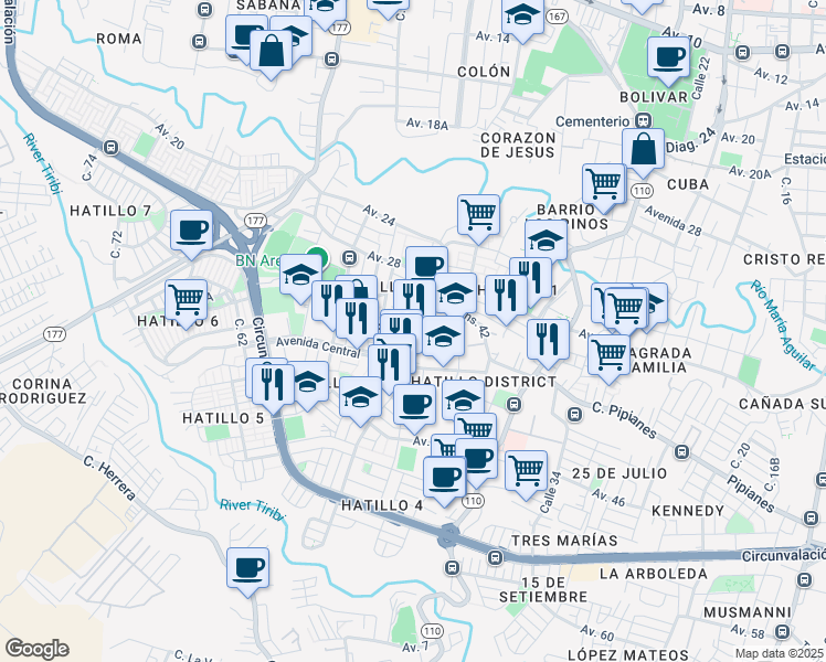 map of restaurants, bars, coffee shops, grocery stores, and more near in San José