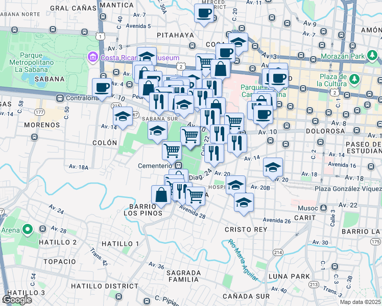 map of restaurants, bars, coffee shops, grocery stores, and more near in San José