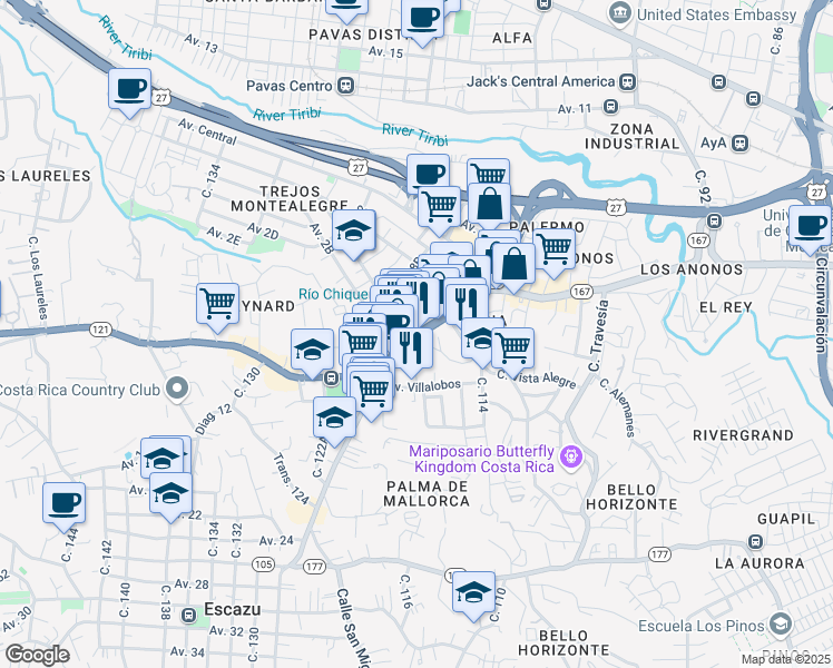 map of restaurants, bars, coffee shops, grocery stores, and more near Auto Servicio in San Rafael de Escazu