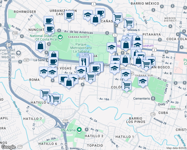 map of restaurants, bars, coffee shops, grocery stores, and more near Calle Del Golf in San José
