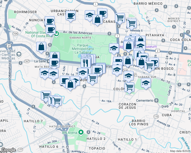 map of restaurants, bars, coffee shops, grocery stores, and more near Calle Del Golf in San José