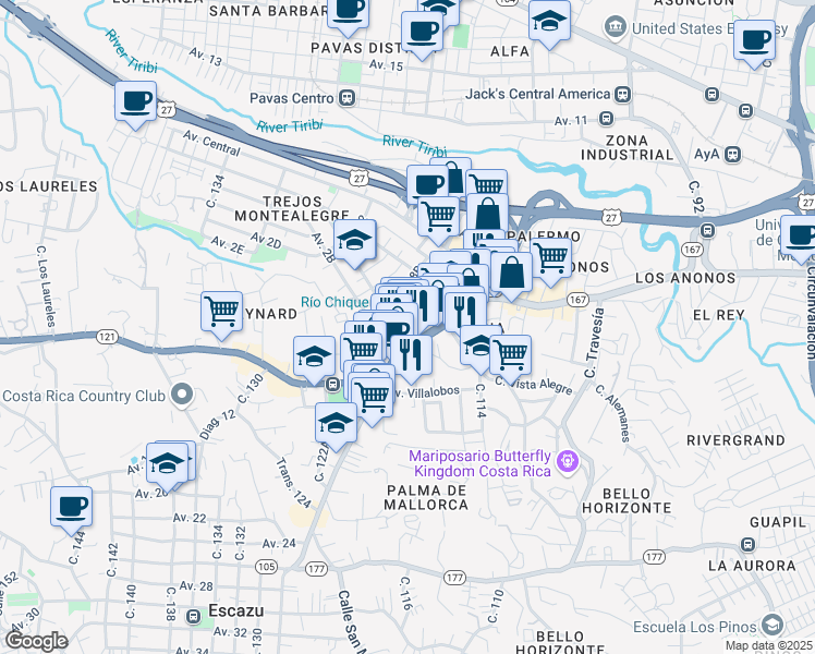 map of restaurants, bars, coffee shops, grocery stores, and more near Auto Servicio in San Rafael de Escazu