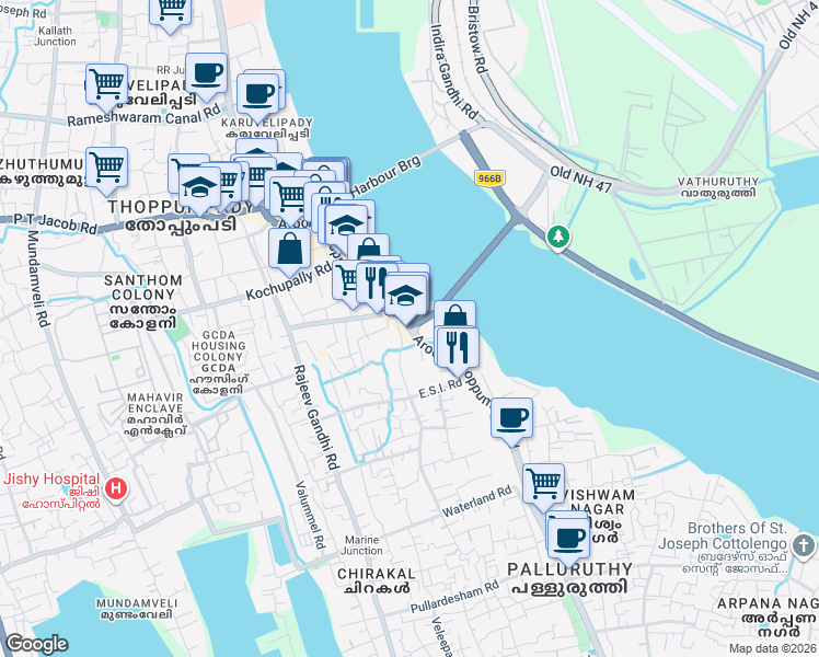 map of restaurants, bars, coffee shops, grocery stores, and more near Gateway of Cochin Bridge in Kochi