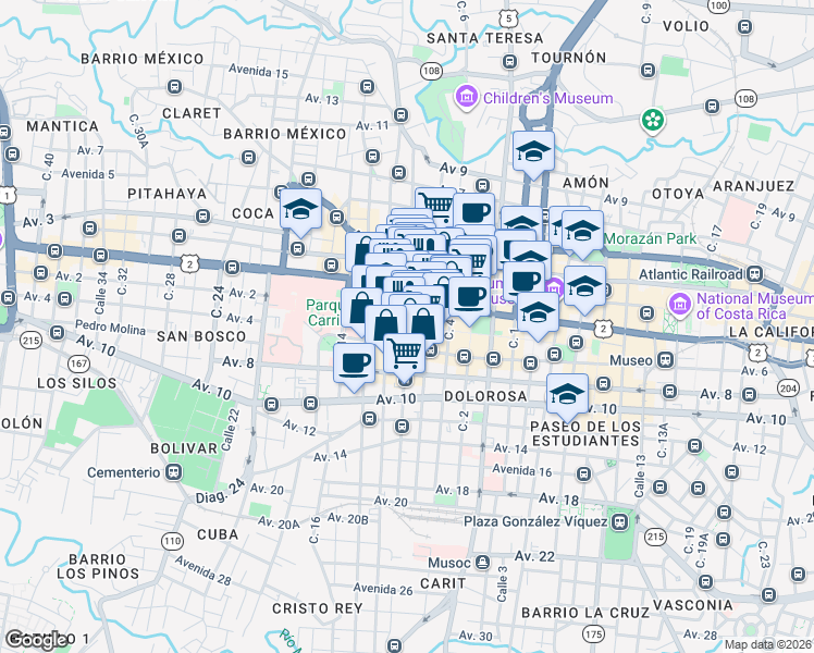 map of restaurants, bars, coffee shops, grocery stores, and more near Calle 8 in San José