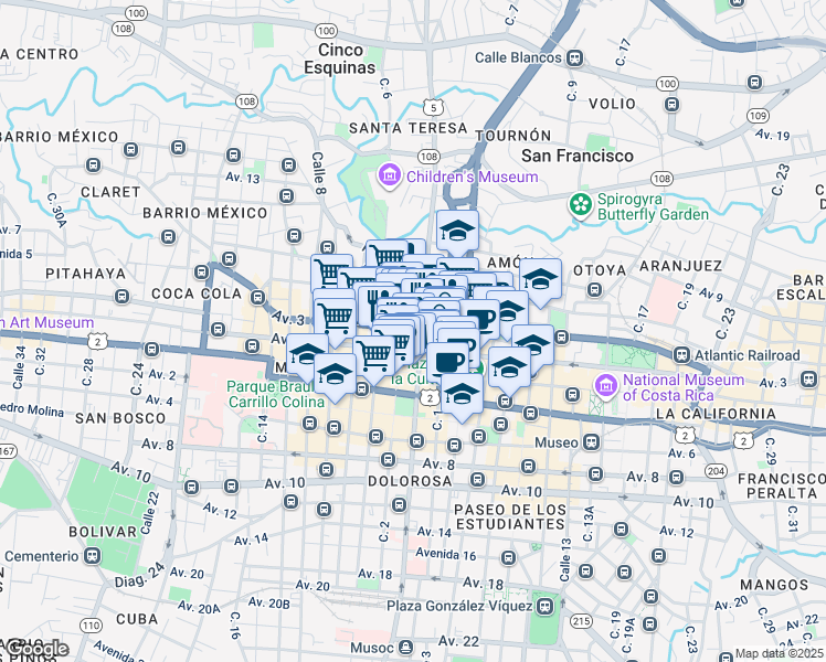 map of restaurants, bars, coffee shops, grocery stores, and more near Avenida 3 in San José