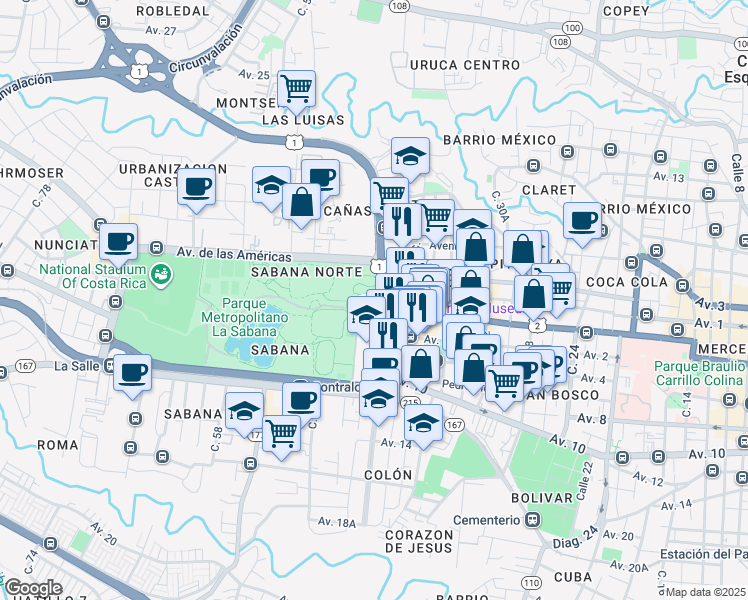 map of restaurants, bars, coffee shops, grocery stores, and more near in San José