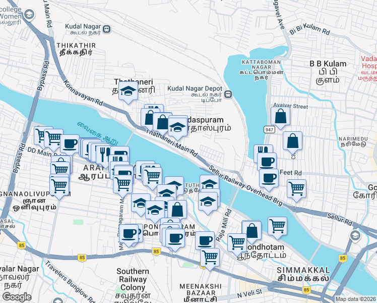 map of restaurants, bars, coffee shops, grocery stores, and more near Thathaneri Main Road in Madurai