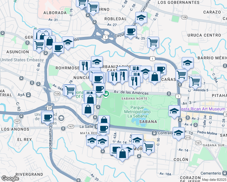 map of restaurants, bars, coffee shops, grocery stores, and more near in San José