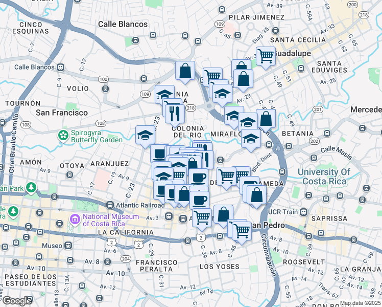 map of restaurants, bars, coffee shops, grocery stores, and more near in San José